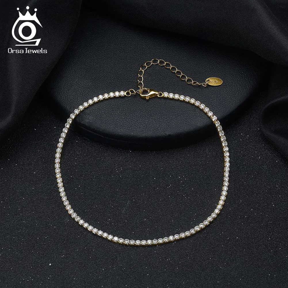 ORSA JEWELS 14K Gold 925 Sterling Silver Tennis Chain Anklet for Women Summer Fashion 4A Zircon Foot Ankle Straps Jewelry SA03