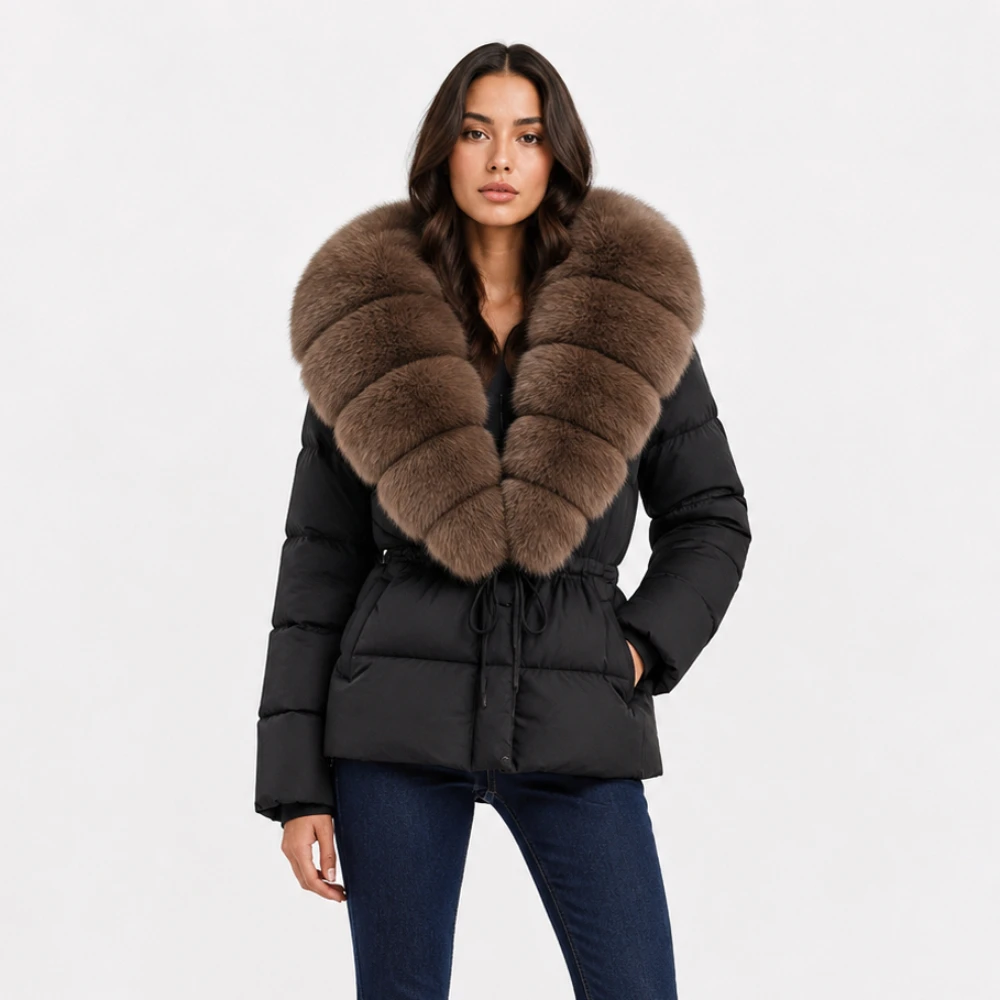 OFTBUY Jaqueta de Pele com Gola de Pele Natural, Casaco Feminino de Inverno com Capuz Quente de Pena de Pato, Casaco Feminino de Pele de Raposa, Jaqueta Puffer Feminina de Pele Natural de Guaxinim