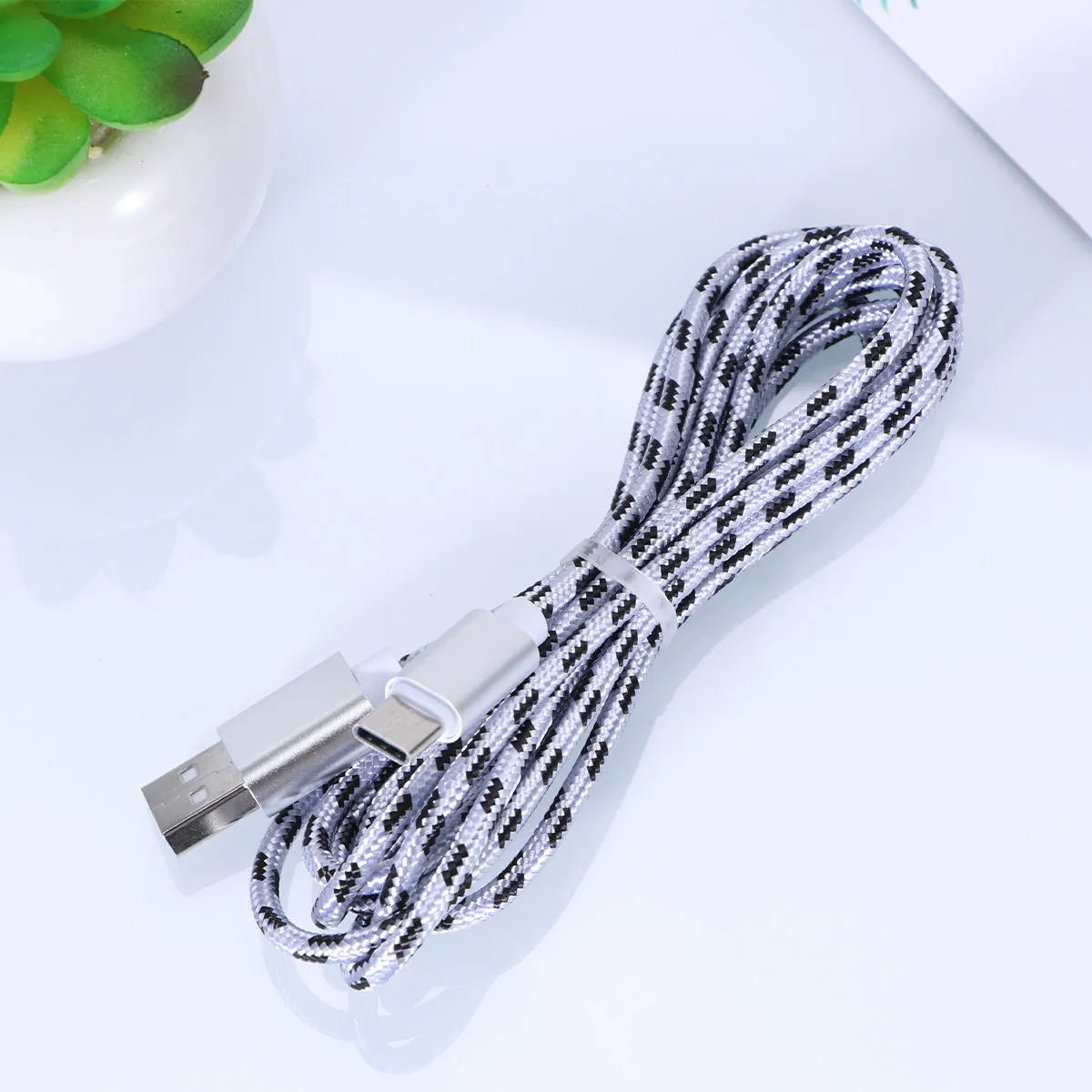 Type C USB Cable Nylon Braided Silver 2M Fast Charging Data Sync Cord for Tablet USB C Cable