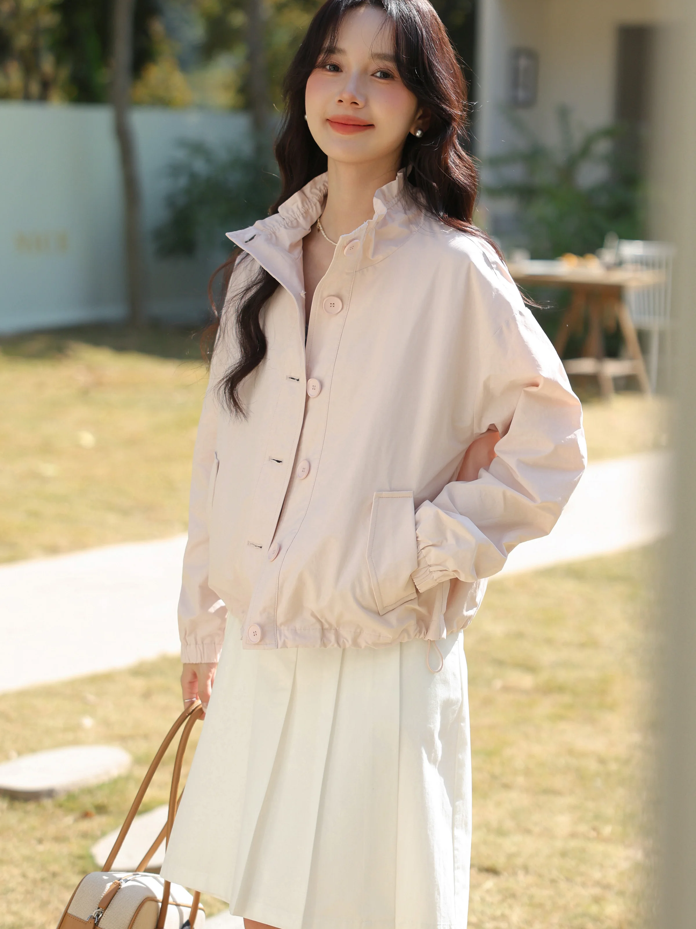 Ruffle Collar Loose Fit Jacket Women Spring Casual Utility Coat Buttons Lightweight Korean Oversized Workwear Outerwear Daily