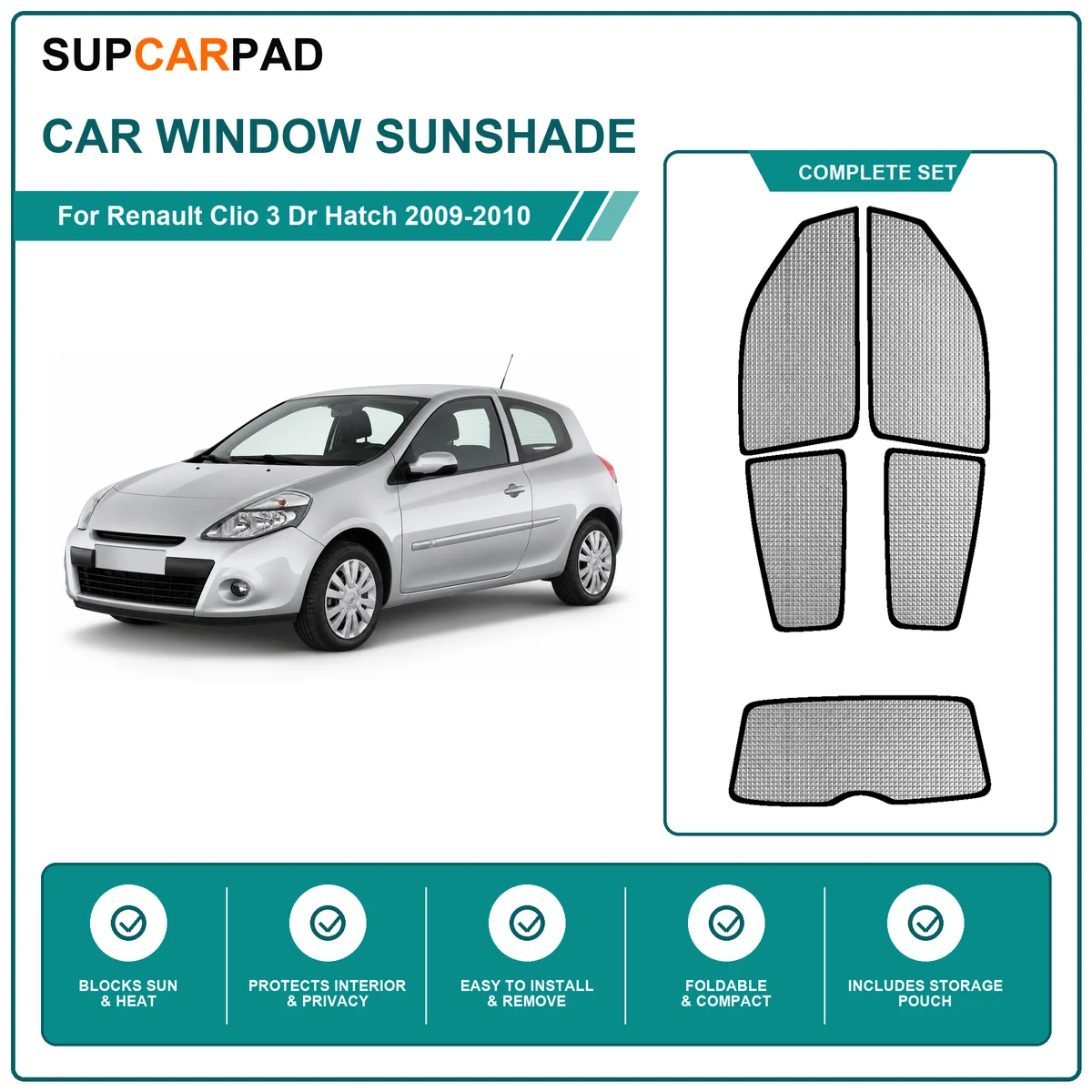 For Renault Clio 3 Dr Hatch 2009-2010 Full Set Car Window Sunshades UV Block Privacy Heat Insulated Foldable Car Curtain