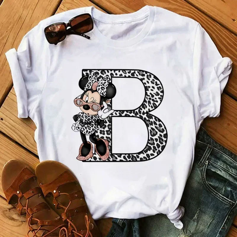 Disney Leopard Minnie Mouse Letters Children T-Shirt Kid Boy Girl Clothing Summer Short Sleeve Cotton Tshirt Casual Top Baby Tee