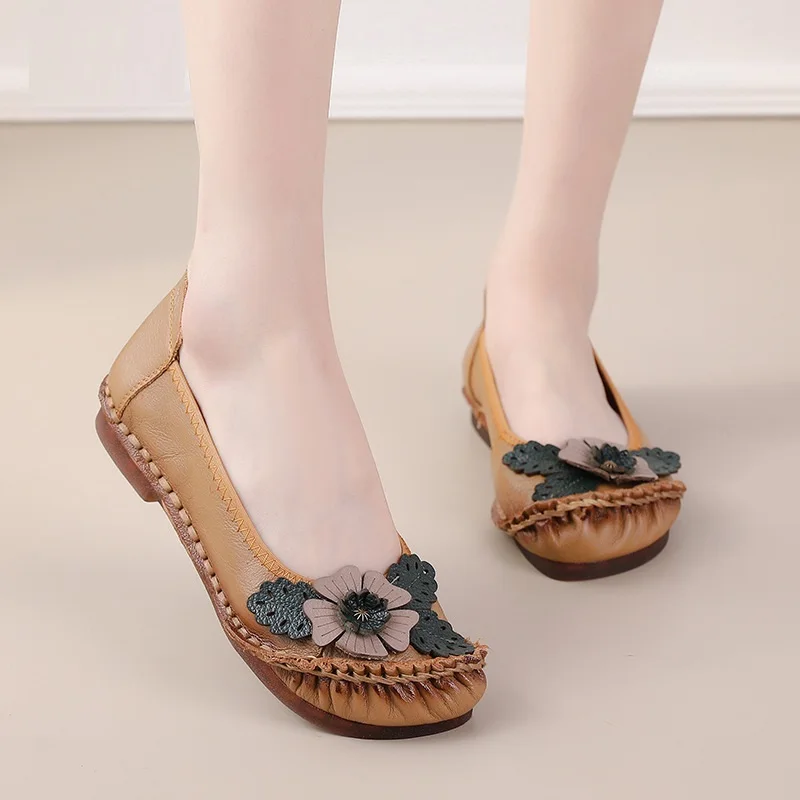 Retro Boho Shoes Women Genuine Leather Loafers Ladies Luxury Flats Ethnic Style Dressy Shoes Women\'s Cowhide Leather Flat Shoes
