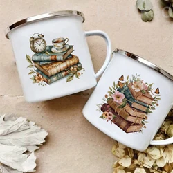 Flower Book Printed Enamel Mugs Harajuku Drink Coffee Mug Outdoor Travel Water Cup Camping Campfire Cups Handle Drinkware Gifts