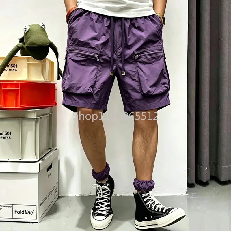 Men's Summer Cargo Shorts Thin Lightweight Elastic Waist with Drawstring Big Pockets Outdoor Hiking Casual Short Male Bottom 4XL