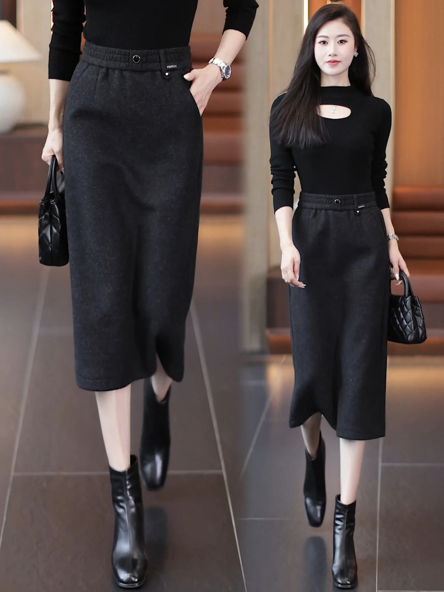 

High Waist A-Line Midi Skirt Women's Woolen Straight Cut Autumn Winter Fashion Slimming Business Casual Skirts