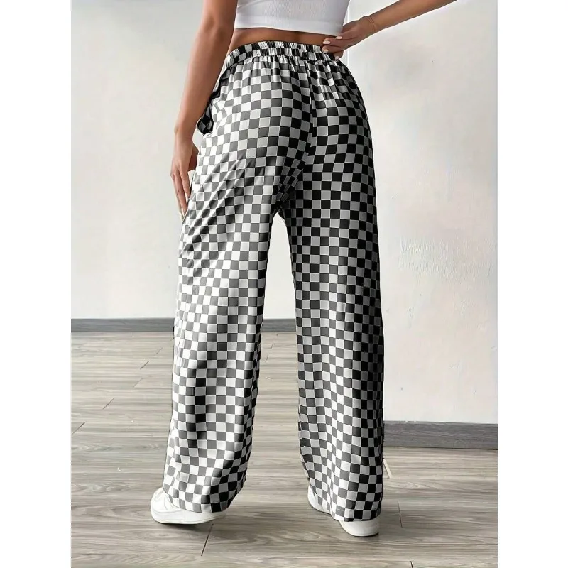 New Loose Casual Pants, Women's Yoga Pants, Breathable Hanging Straight Leg Wide Leg Sports Pants, Checkered Printed Streetwear