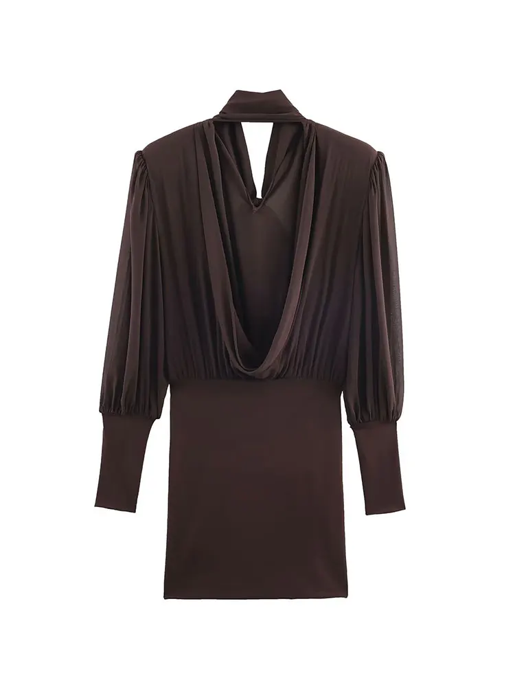 NLZGMSJ Satin Women Party Dress 2026 Spring Long Sleeve V Neck Slim A Line Extreme Short Mini Dress with Scarf