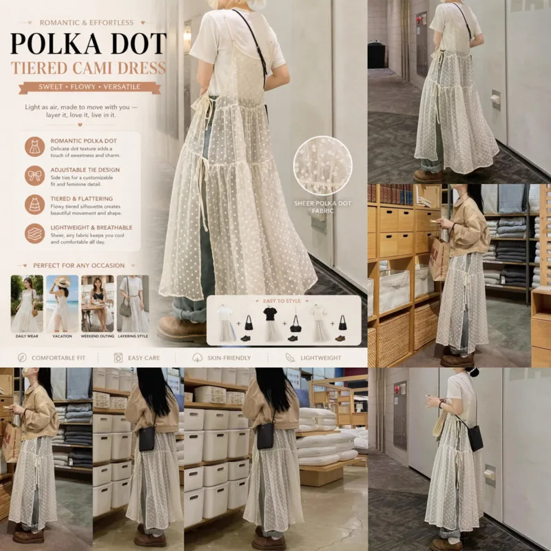 

Aesthetic Korean Dresses Chic Polka Dot Lightweight Sheer Adjustable Side Tie Loose Long Suspender Cami Dress Daily Wear Women