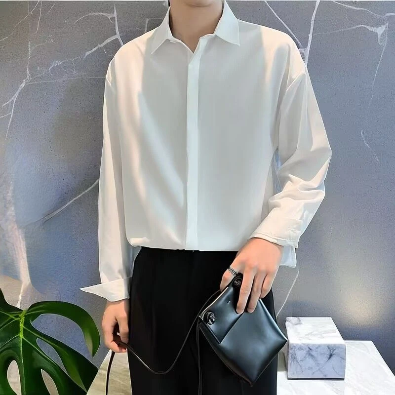 

2024 High-end All-match Thin Ice Silk Shirts for Men Long Sleeve Hidden Buttons Loose Business Casual Luxury Drape White Shirt