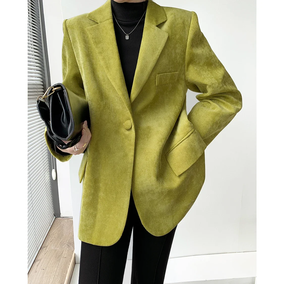 Green Corduroy Suit Jacket Women Spring Aututmn 2024 New Winter Korean Oversized Blazer Jacket Chic Solid Outwear Blaser