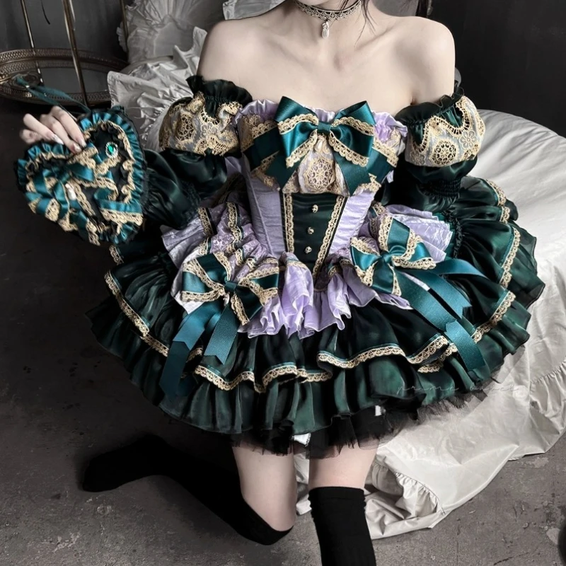 Original Gold and Green Lace Patchwork Strapless Long Sleeve Slim Ball Gown Dress Girl Women's Lolita Sweet Birthday Party Dress