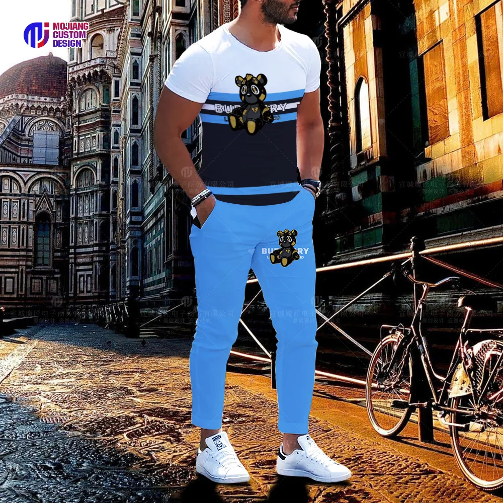 Camiseta de oso personalizada con estampado 3D para hombre, pantalones de manga corta, ropa deportiva de verano de 2 piezas, traje informal, ropa