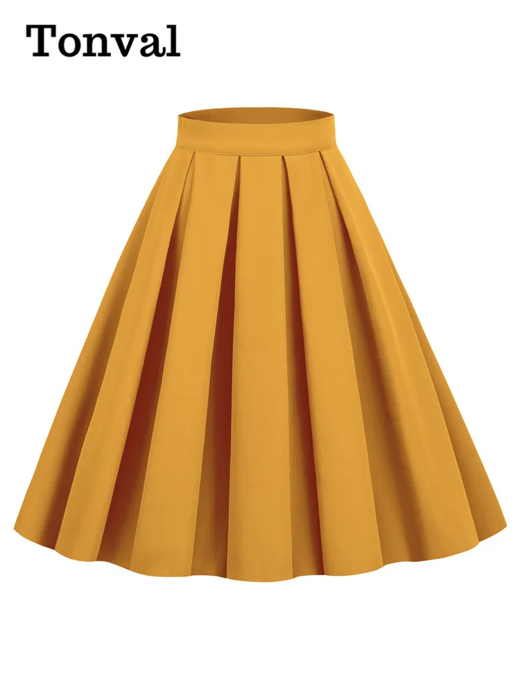 Tonval Ginger Solid Vintage 50s Style Pleated Midi Skirts for Women 2023 Elegant Clothes Female Swing Skirt