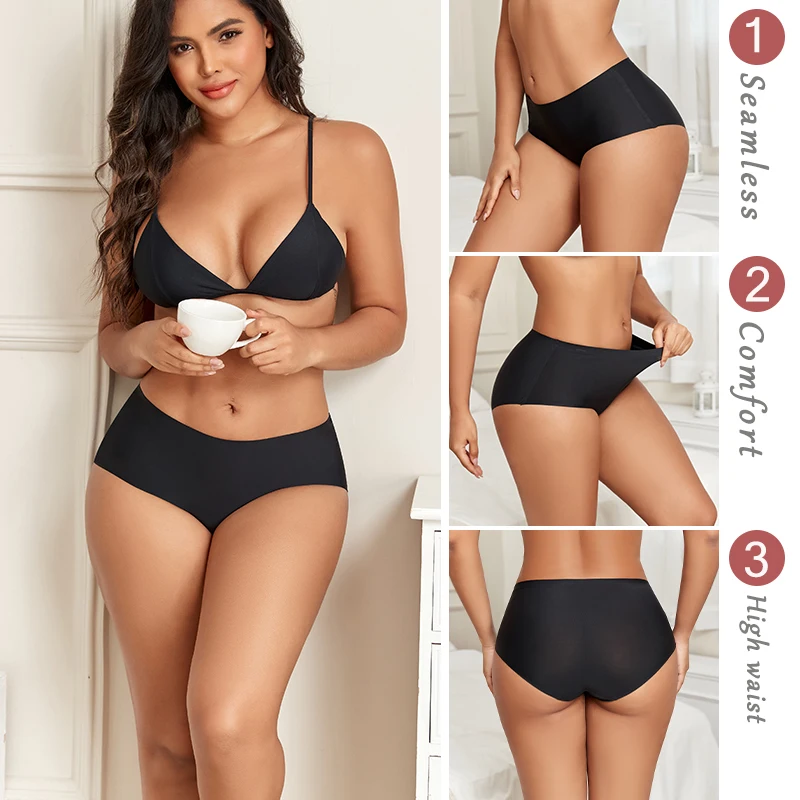 4PCS/SET Plus Size Underwear Women's Panties Ice Silk Solid Color Ladies Seamless Underpants High Waist Sexy Breathable Lingerie image 3