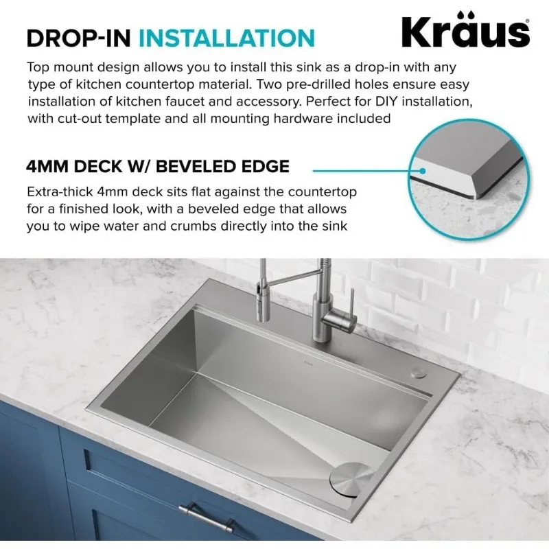 KRAUS Kore 30 นิ้ว Drop In/Top Mount Workstation 16 50/50 ชามคู่อ่างล้างจานสแตนเลสพร้อมอุปกรณ์เสริม