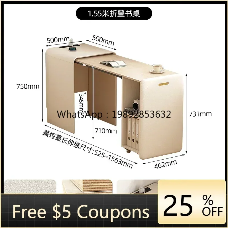 H3-24    Cream Wind Pull Foldable Solid Wood Desk Bookcase Integrated Bedroom Bedside Invisible Retractable Computer Desk Locker