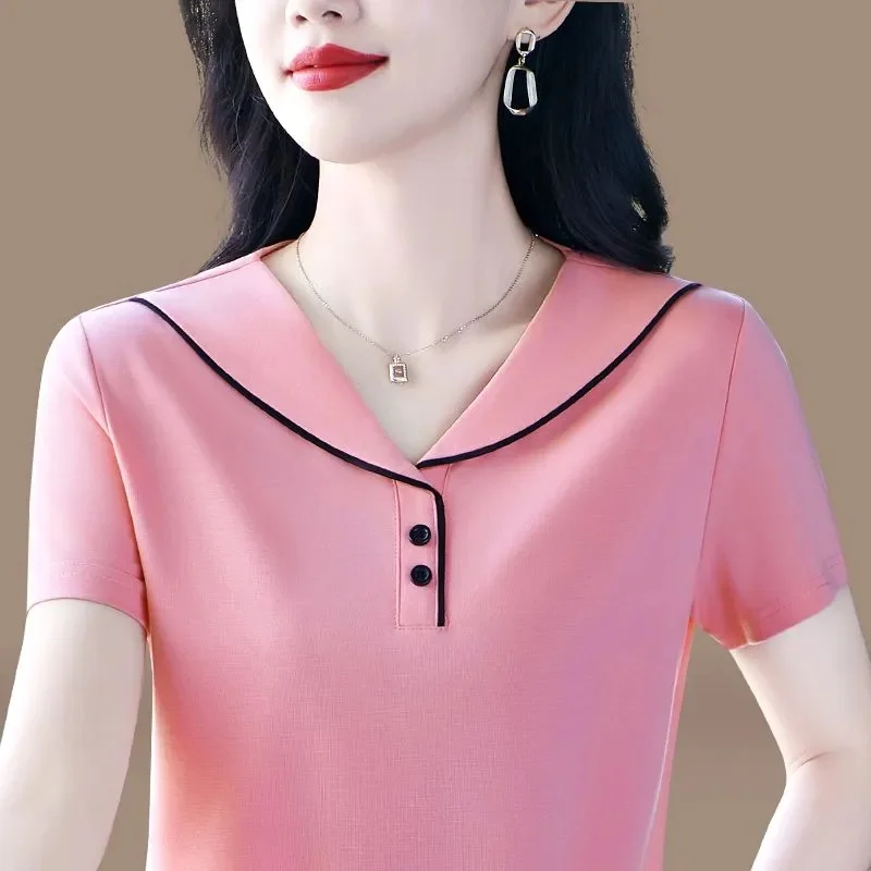 

Fashion Ice Silk Short Sleeved T-shirt Women's T-shirts Blouse 2026 New Summer Autumn Slim Navy Collar T-shirt Loose Female