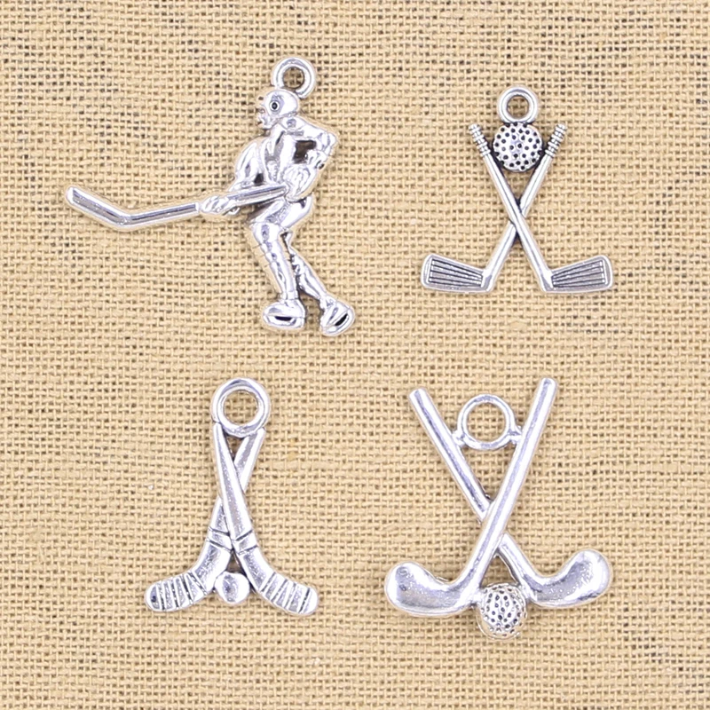 Charms Hockey Stick Hockey Sporter Player Antique Silver Color Pendants DIY Crafts Making Findings Handmade Tibetan Jewelry