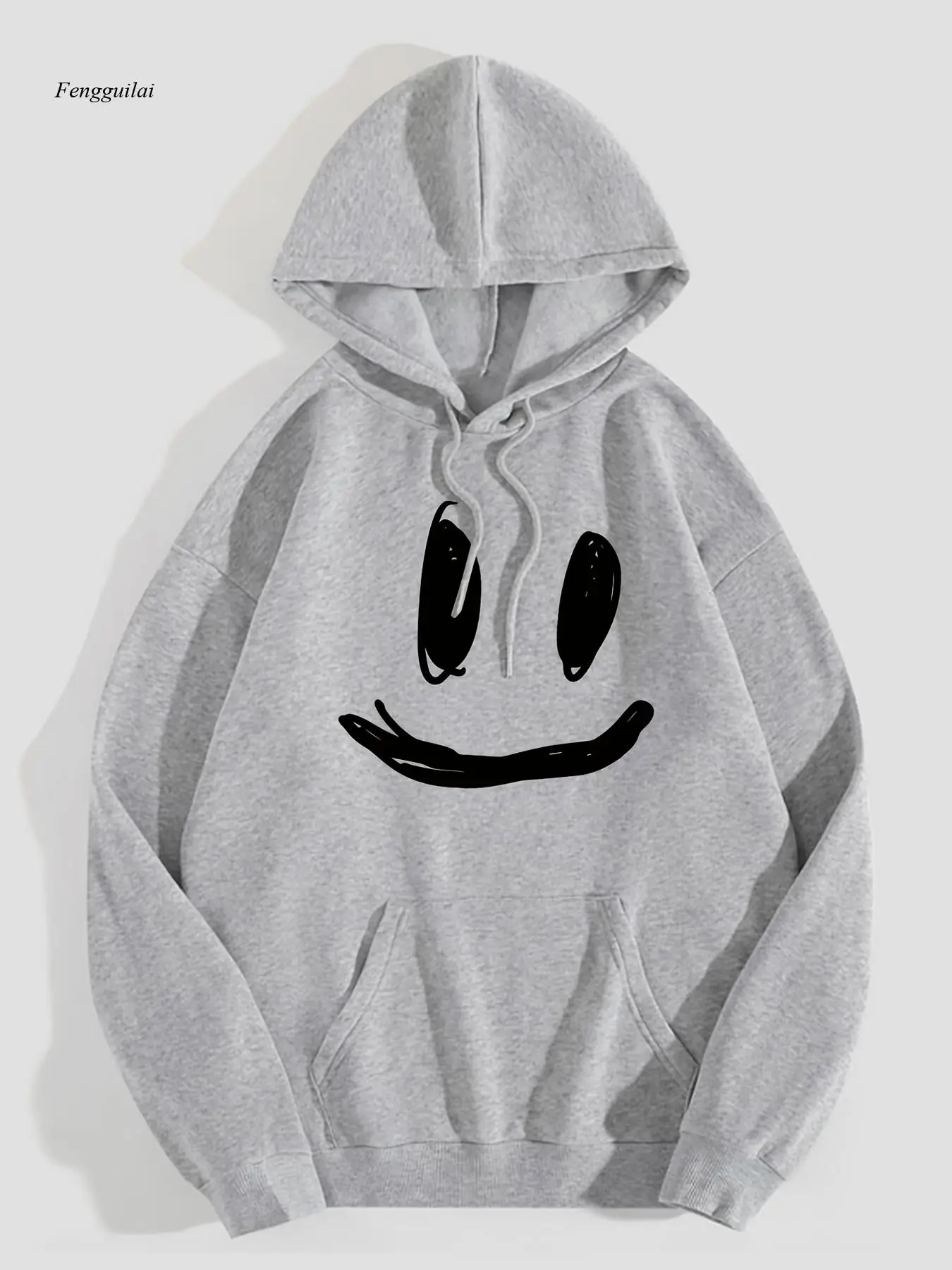 

Повседневная свободная толстовка с принтом улыбки на лице, модная толстовка с капюшоном и карманом на шнурке, женская одежда