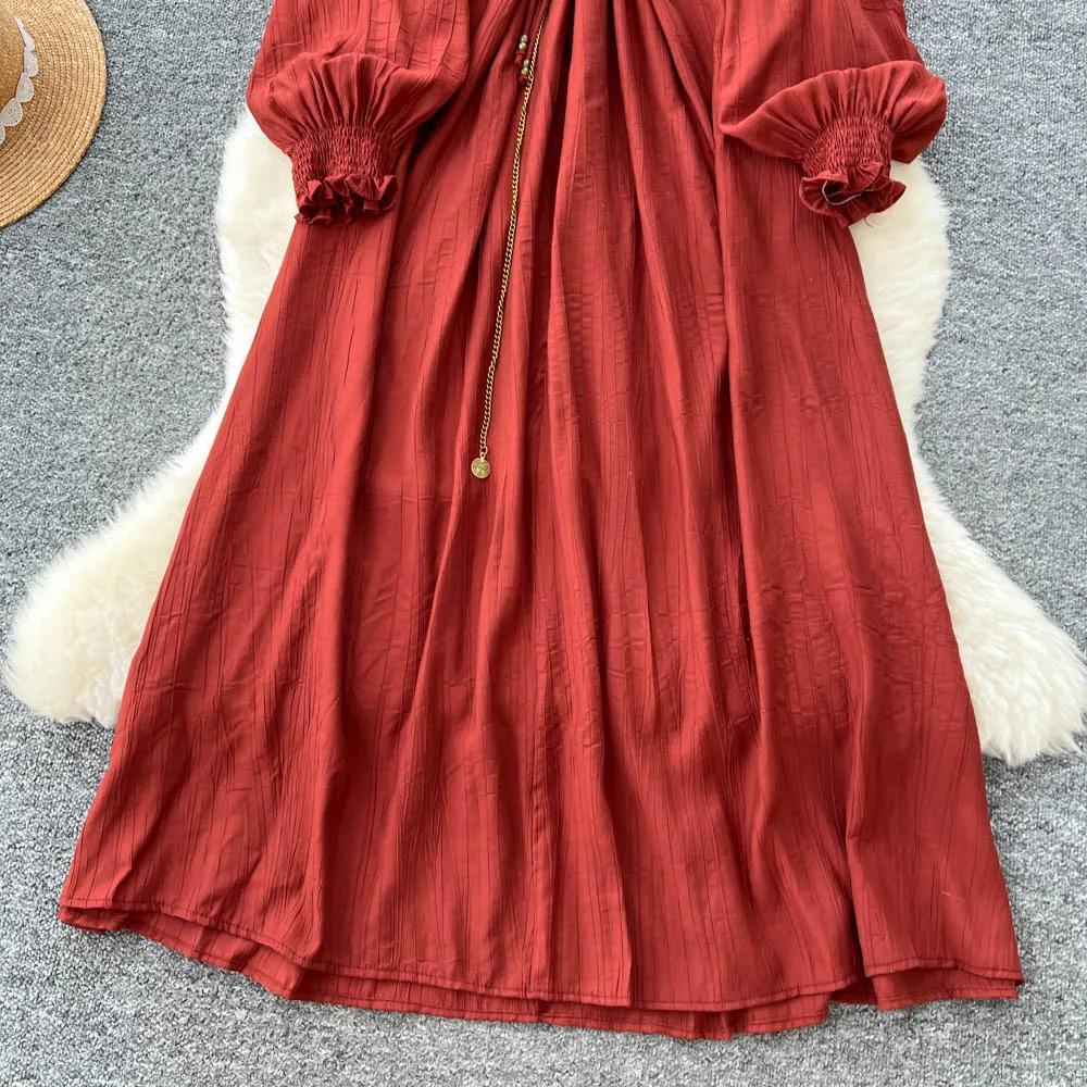 Schickes Vintage-O-Ausschnitt-Schnürkleid, elegante Fee, koreanische Mode, Boho-Sommerkleid, Damenbekleidung, langes Kleid