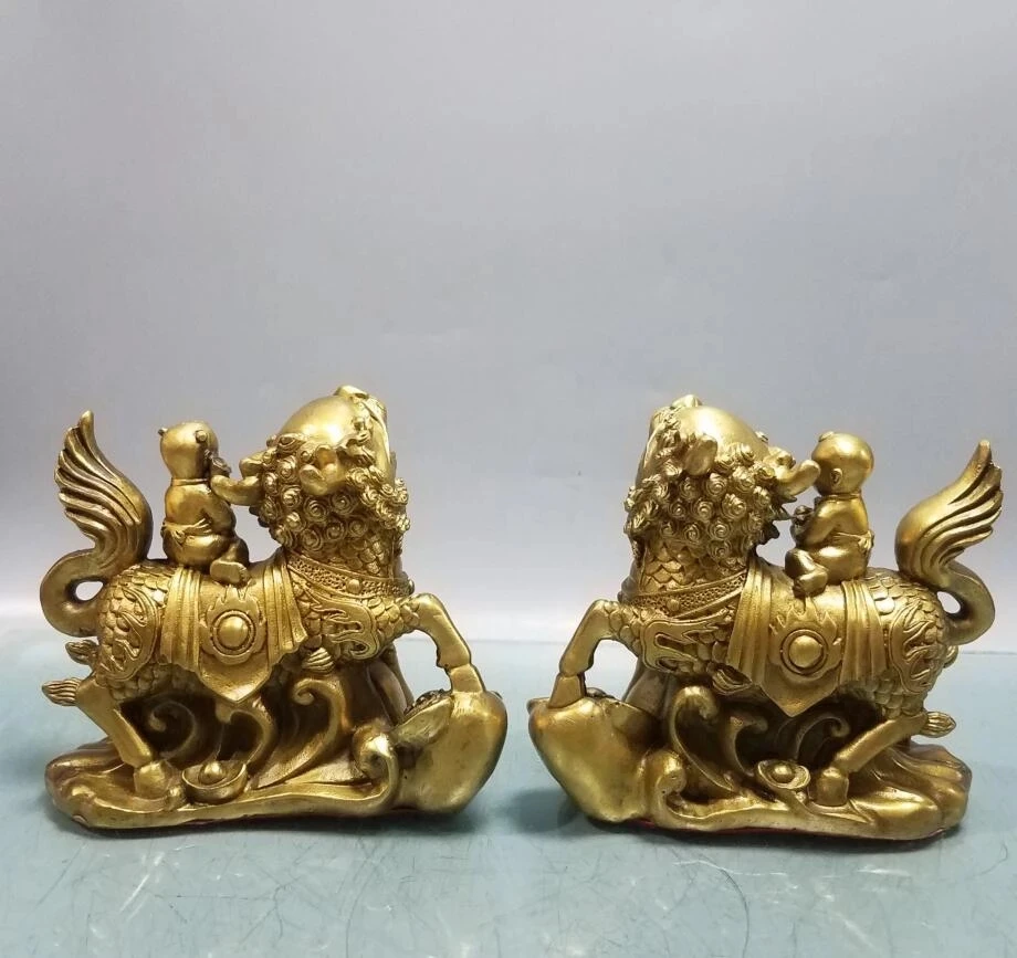 

China brass seiko child ride kirin crafts statue A pair