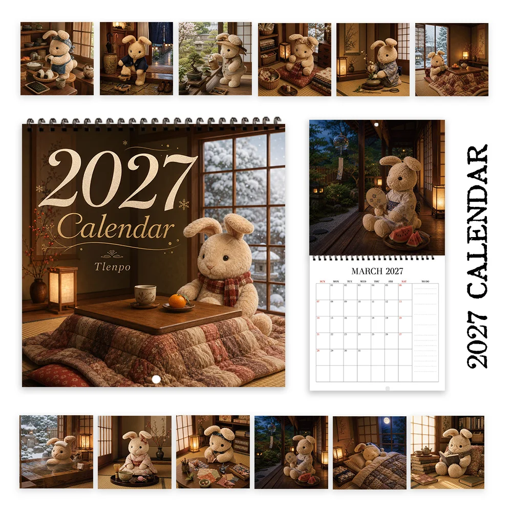 1pc 2027 Japanese Plush Rabbit Wall Calendar,12‑Month Planner,Gift For Back‑to‑School,Christmas,New Year,Free Stickers Included