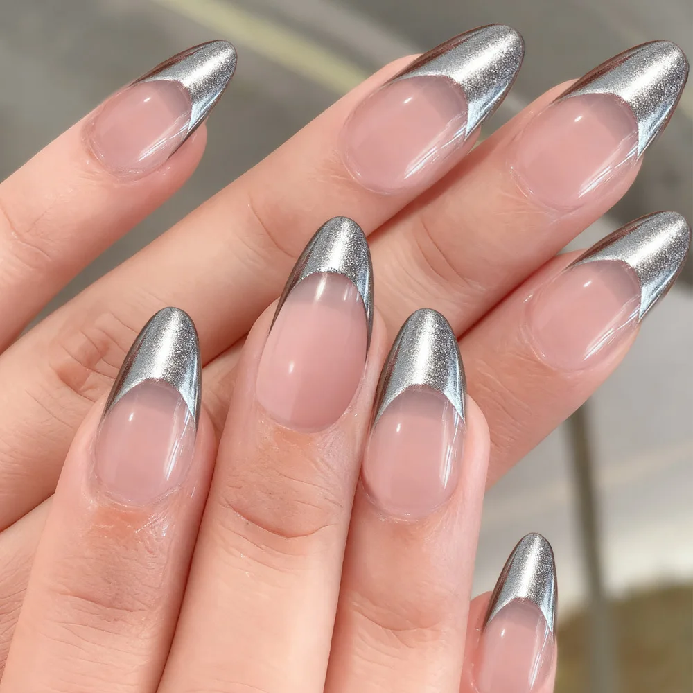 30pcs/set Medium Almond fake nails for women girls Simple golden silver red black white french edge tips press on false nail
