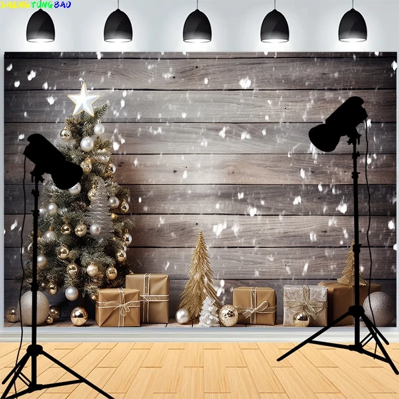 

Christmas Tree Gifts Lights Wooden Background Living Room Ornament Snowflake Family Party New Year Photography Backdrops XH-14
