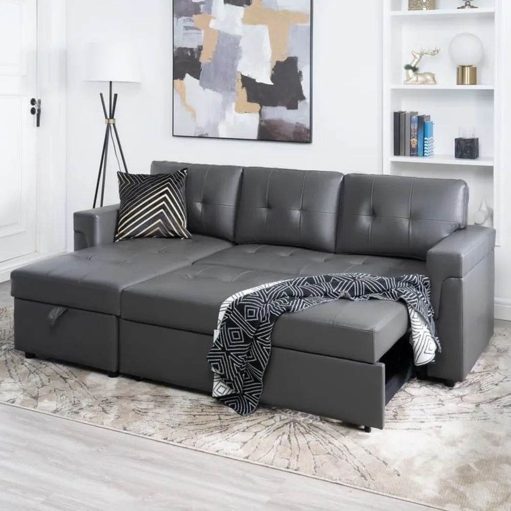 Sectional Sofa Sleeper with Storage Chaise, Tufted Pull Out Couch with Storage, L-Shaped Reversible Sleeper Sofa with Storage