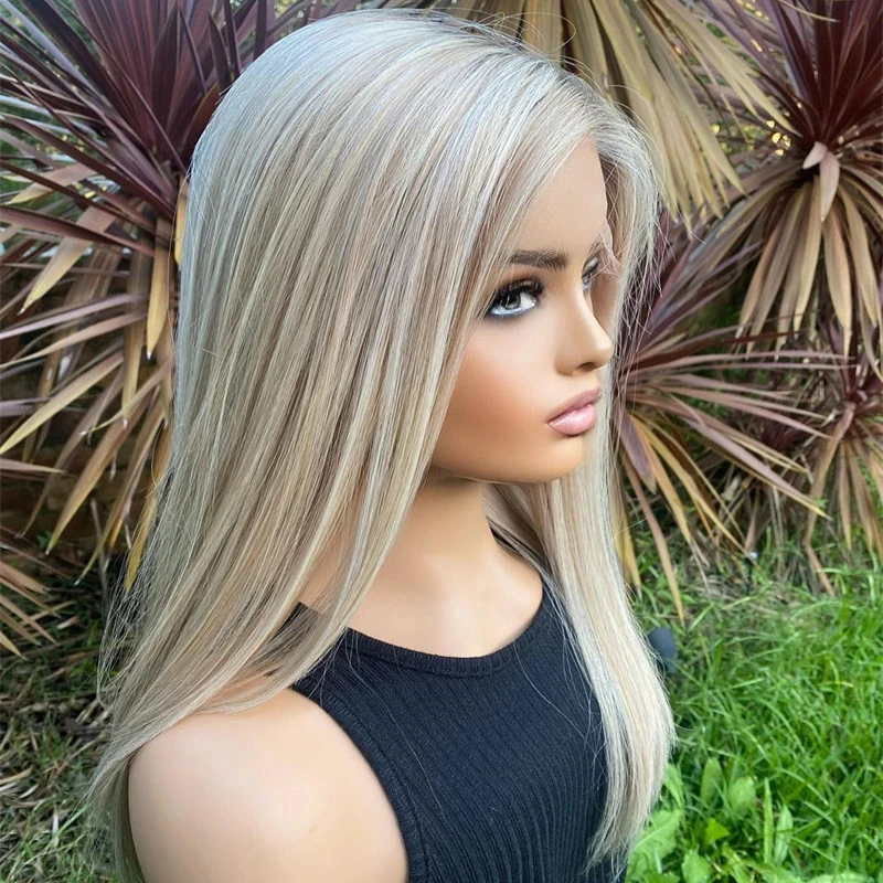 

Dark Roots Premium Long Straight Synthetic Lace Wig Golden Blonde Highlight Lace Frontal Wig Heat Resistant Women Gift Wig Daily
