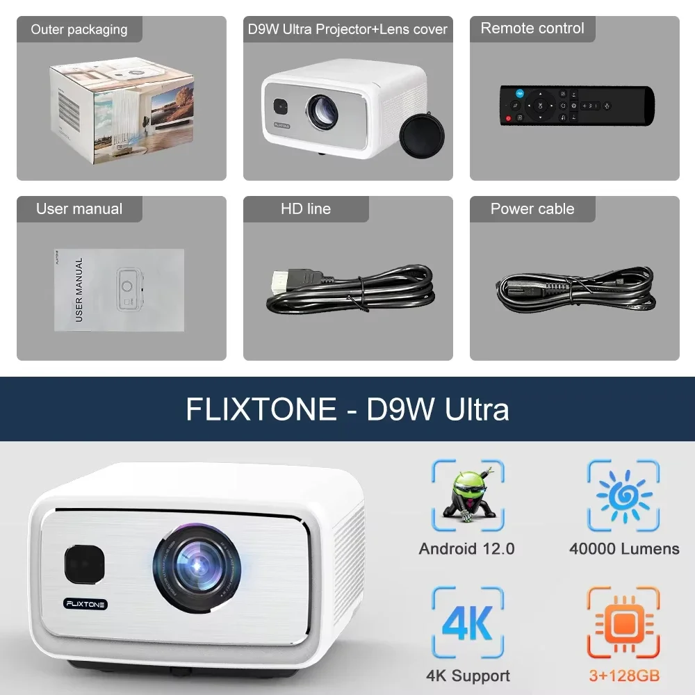 FlixTone D9W Ultra Full HD 1080P Android 12 Theater Beam Projector 4K 3000 ANSI Projector for Home Outdoor Meeting Video Beamer