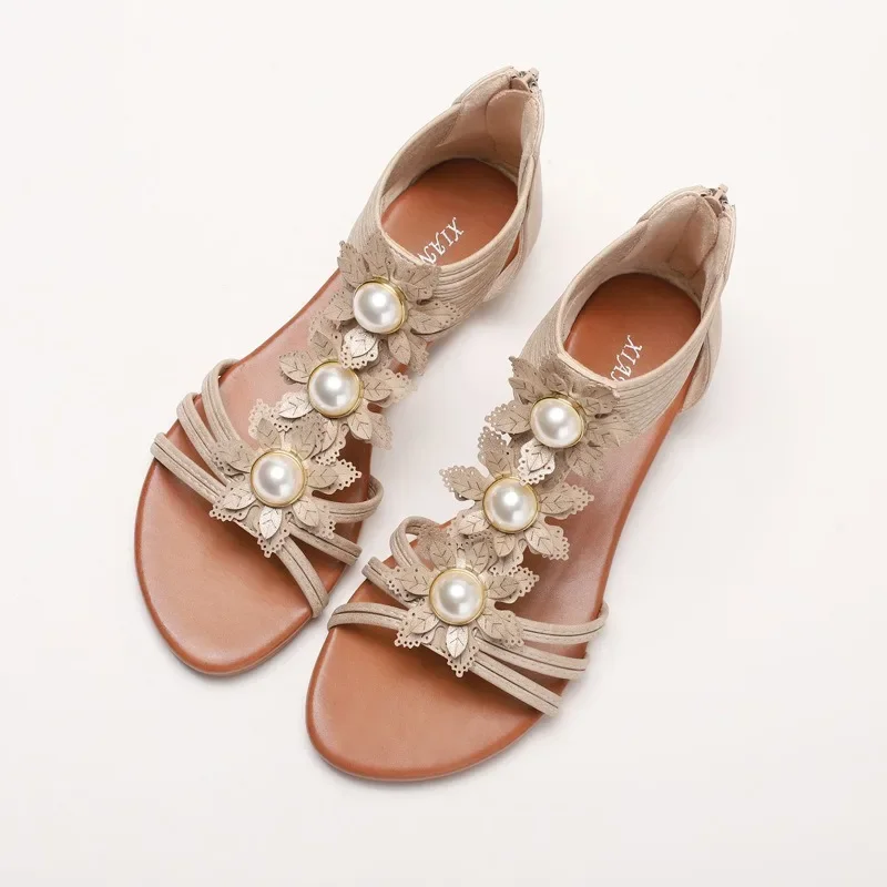 2024 New Summer Women 1.5cm Platform 2cm Low Heels Sandals Female Elegant Sweet Pearl Flower Flats Lady Fashion Bohemian Sandals