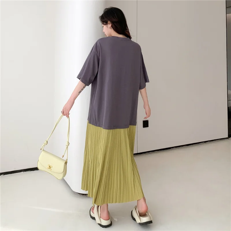 2024 wiosna lato luźne Plus Size plisowane sukienki kobieta Patchwork Lady T-Shirt z nadrukiem sukienka suknia damska ubrania KE6718