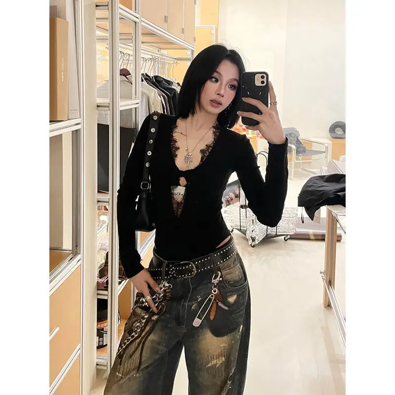 

Sexy American Lace Splice V-ne-piece Women's Winter Tight Slimming Inner Wear Top Creative Polyester Long Sve ort ...