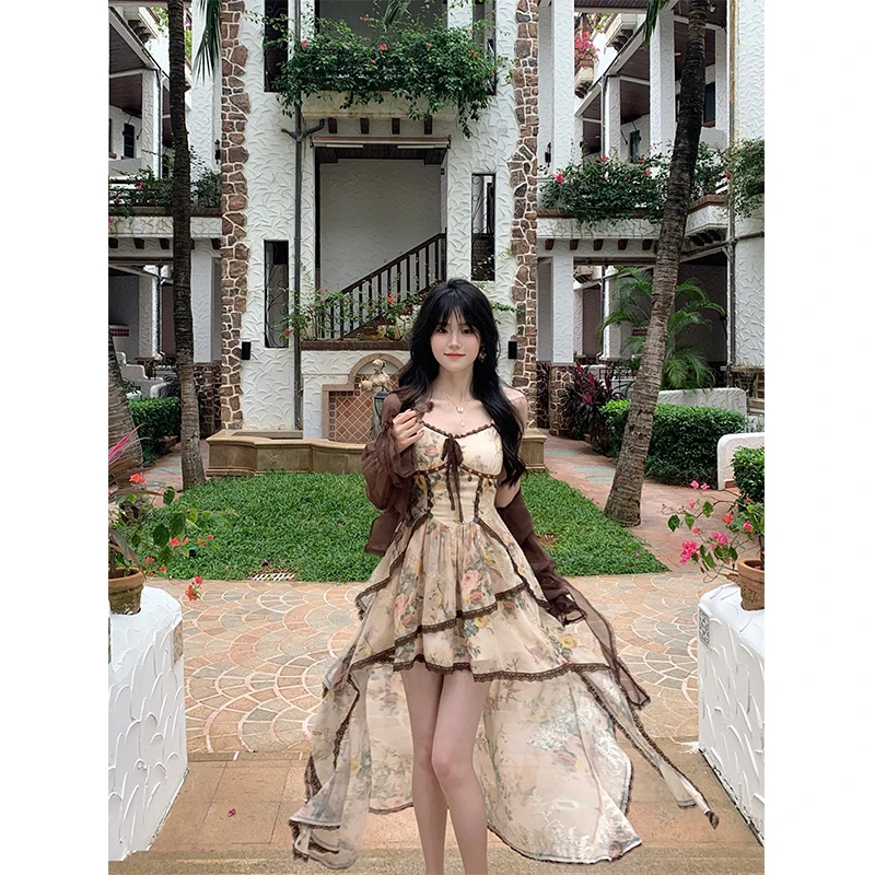 Abito longuette irregolare vintage Donna Boho Vacanza Abiti floreali con cinturino per spaghetti Festa estiva Coreano Ruffles Abiti aderenti Nuovo