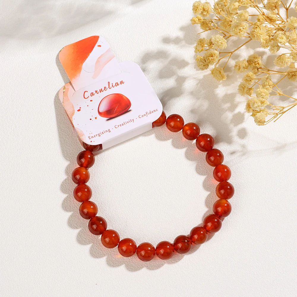 Natural Carnelian Stone Bracelets 4/6/8mm Polished Round Beaded Bracelet for Women Female Stretch Bracelets with Card Jewelry