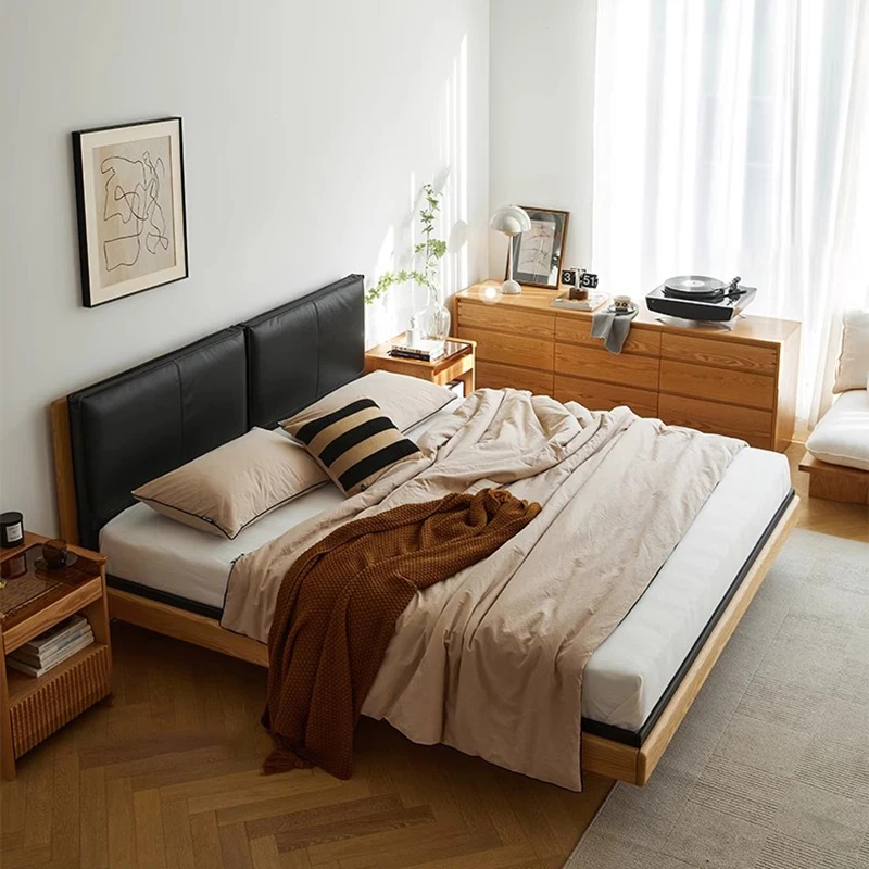 

Lazy Minimalist Bed Multifunctional Solid Wood Design High Quality Relax Beds Apartment Leather Cama De Casal Home Furniture