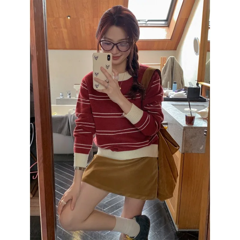 Lazy Style Striped Pullover Sweaters Women Loose Outer Wear Soft Stylish Color Matching Knitted Bottoming Shirt For Autumn