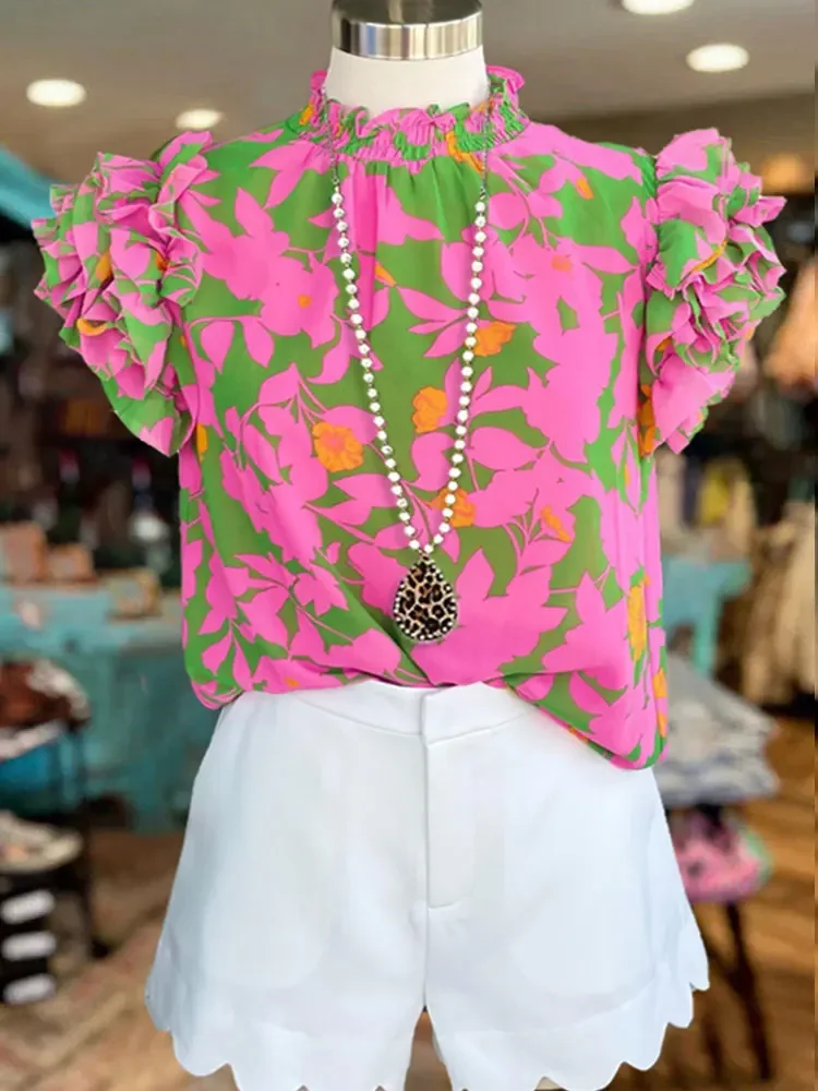 Leaf Print Layered Top Floral Printed Ruffle Blouse