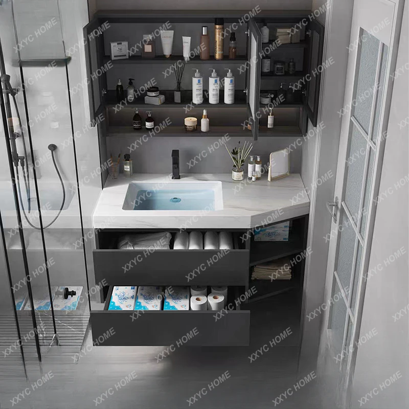 Small Apartment Stainless Steel Bathroom Cabinet Ceramic Basin Assembled Cabinet Smart Mirror Cabinet Wash Basin