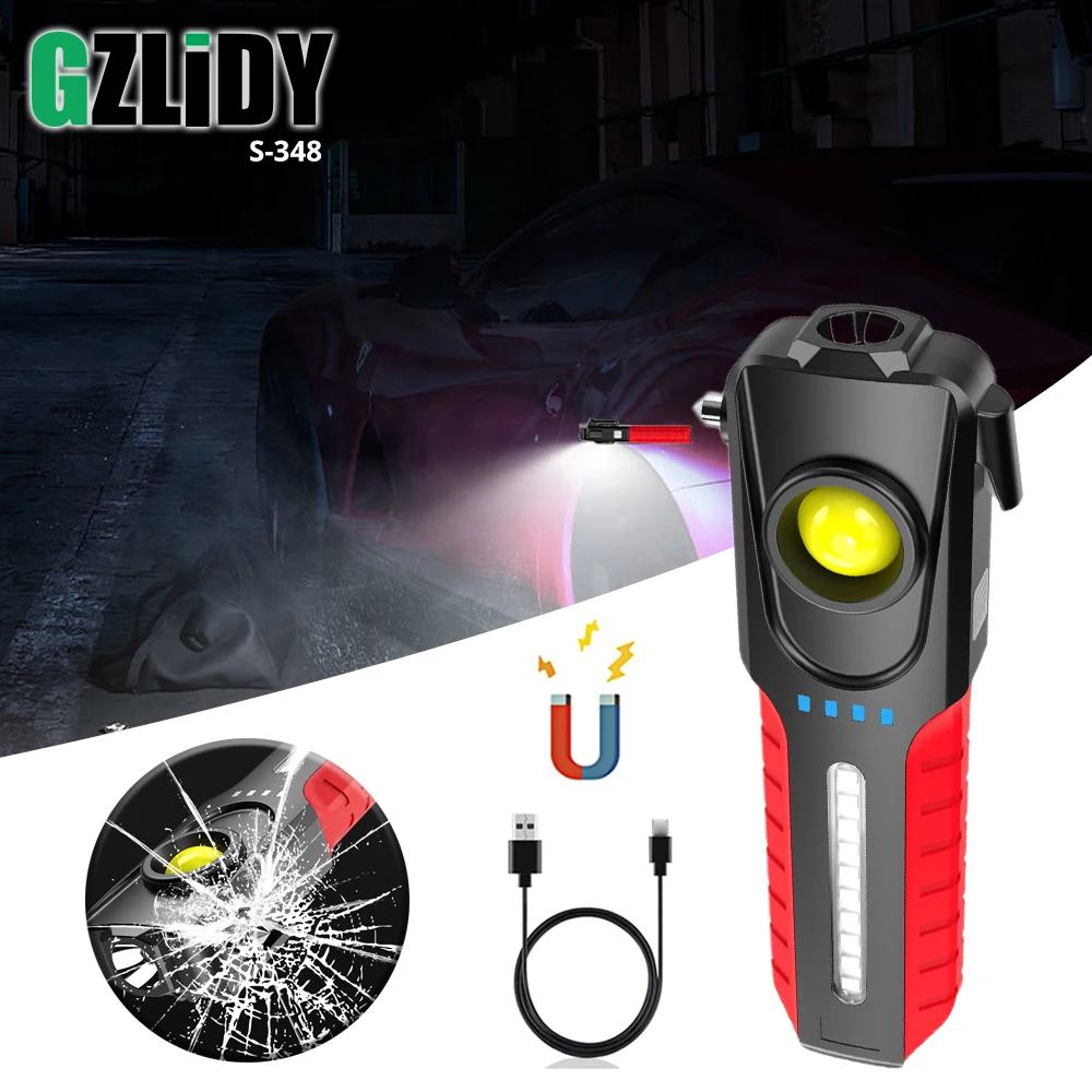 Waterproof LED+COB Flashlight with Safety Hammer Torch USB Rechargeable Camping Fishing Lantern Powerful Work Light Magnet Lamp