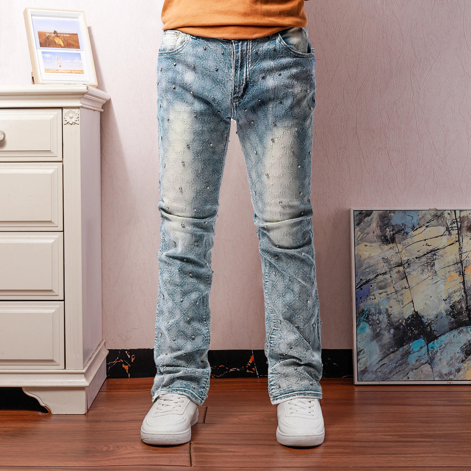 

Stretchy Pearls Skinny Jeans 2024 Fashion Personality Straight Rhinestone European Street Personality Stacked Denim Pants