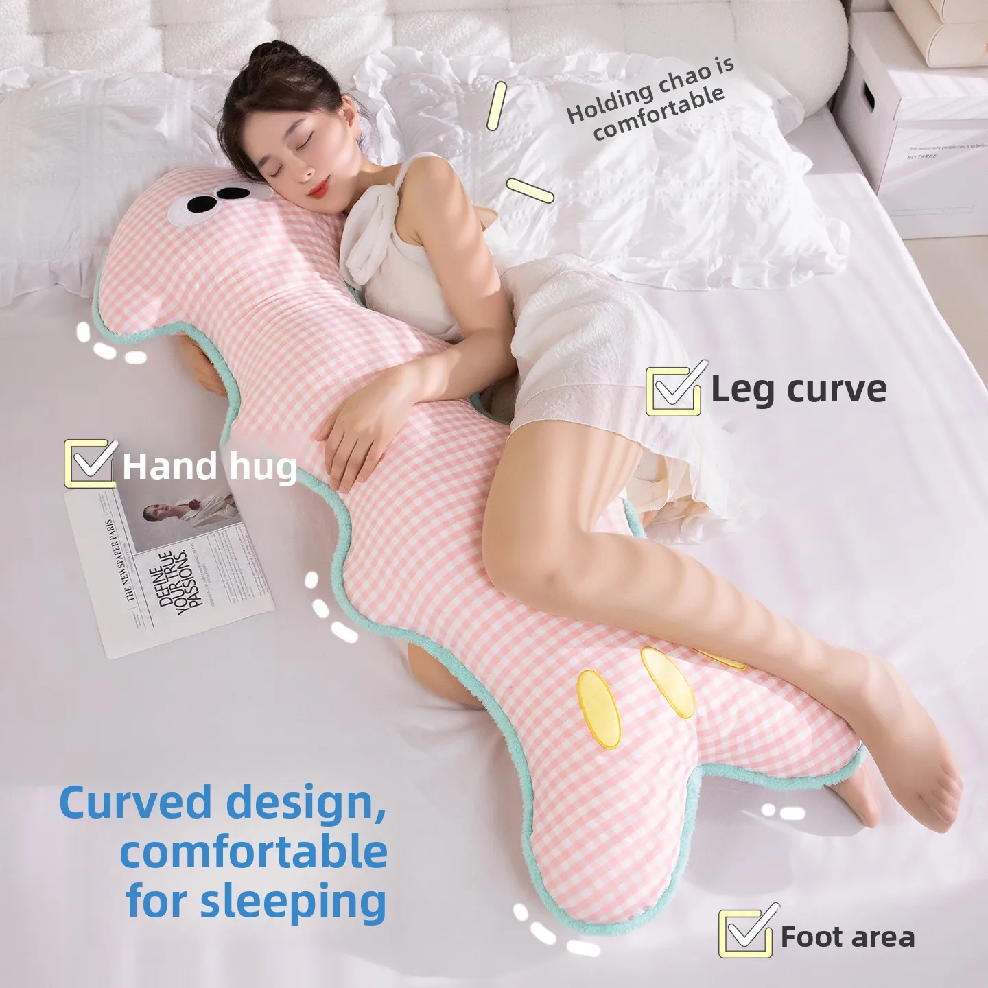 120x60CM Dopamine Fishbone Sleeping Leg Hug Pillow, Ins Style Bed Headrest Pillow for Side Sleep, Washable and Removable