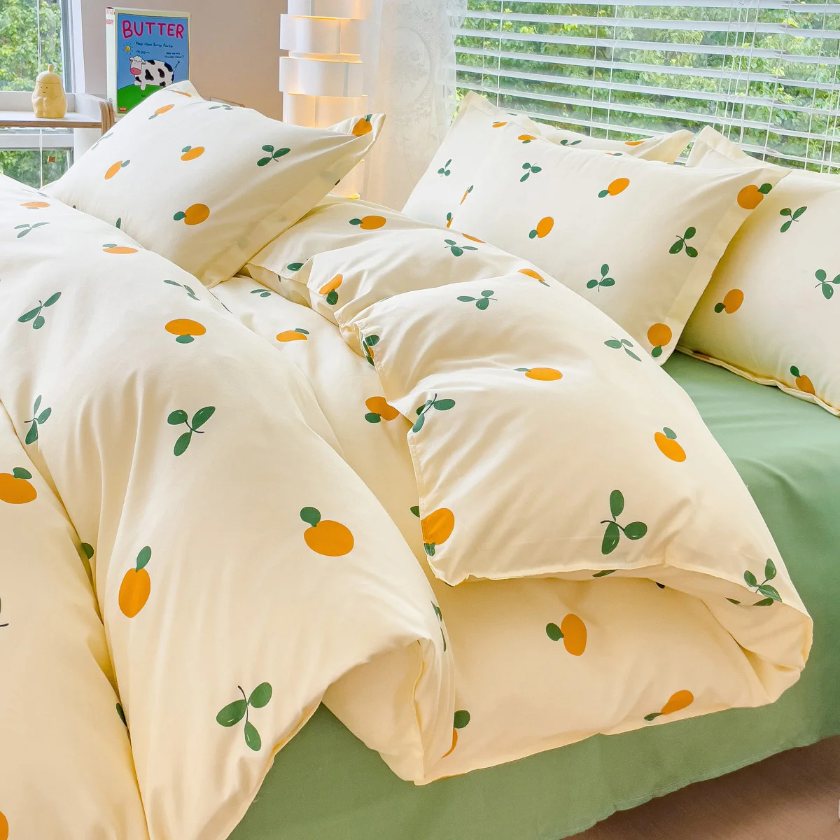 Ins Style Duvet Cover Set with Flat Sheet Pillowcases Cute Orange Printed Single Double Queen Size Girls Kids Bedding Linens