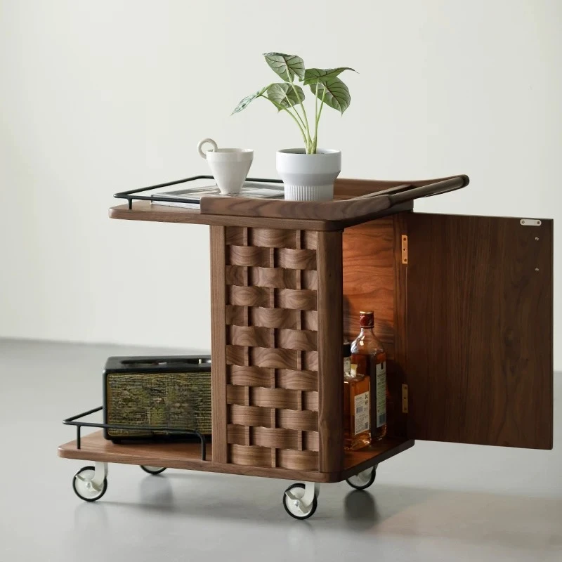 Black walnut movable side table with wheels Modern simple mobile coffee table