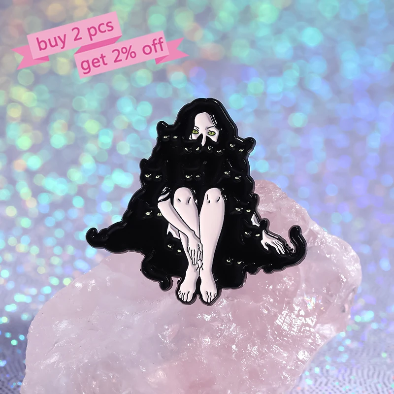 Black Cat Girl Enamel Pins Custom Girl Hugging Cat Brooches Lapel Badges Clothes Punk Gothic Jewelry Gift for Friends