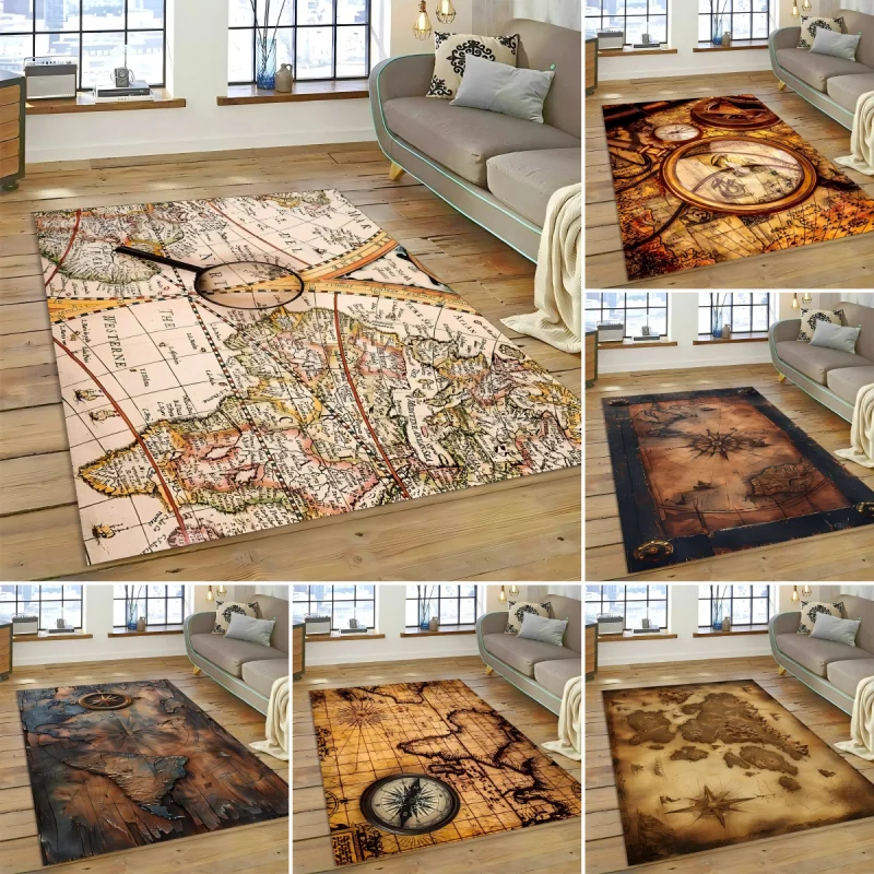 Antike nautische Diagramm-Weltkarte-Teppich, Schlafzimmer, vollständige Abdeckung, großer Wohnzimmerteppich, schmutzabweisend, leicht zu pflegen, weiche Matte
