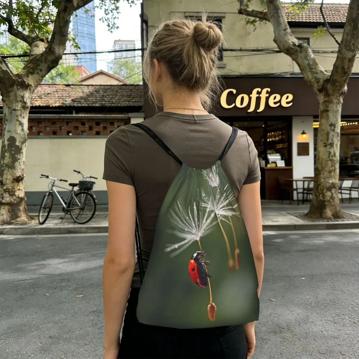 Cute Ladybug With Dandelion Design Backpacks Casual Drawstring Bags Sports Bag Book Bags for Travel School