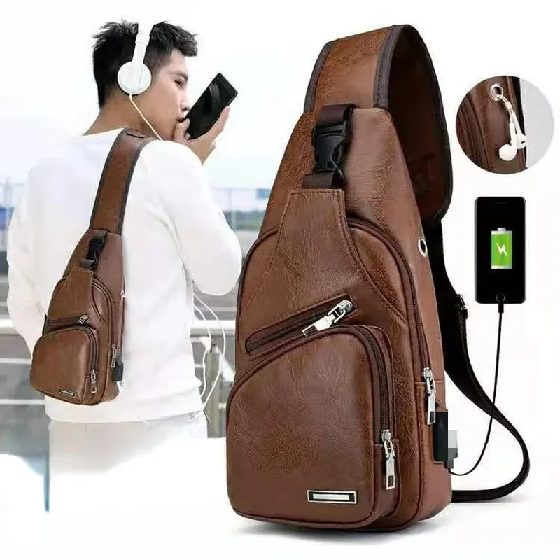 Bolso de pecho con USB para Hombre, bandolera de cuero PU de diseñador, paquete de viaje